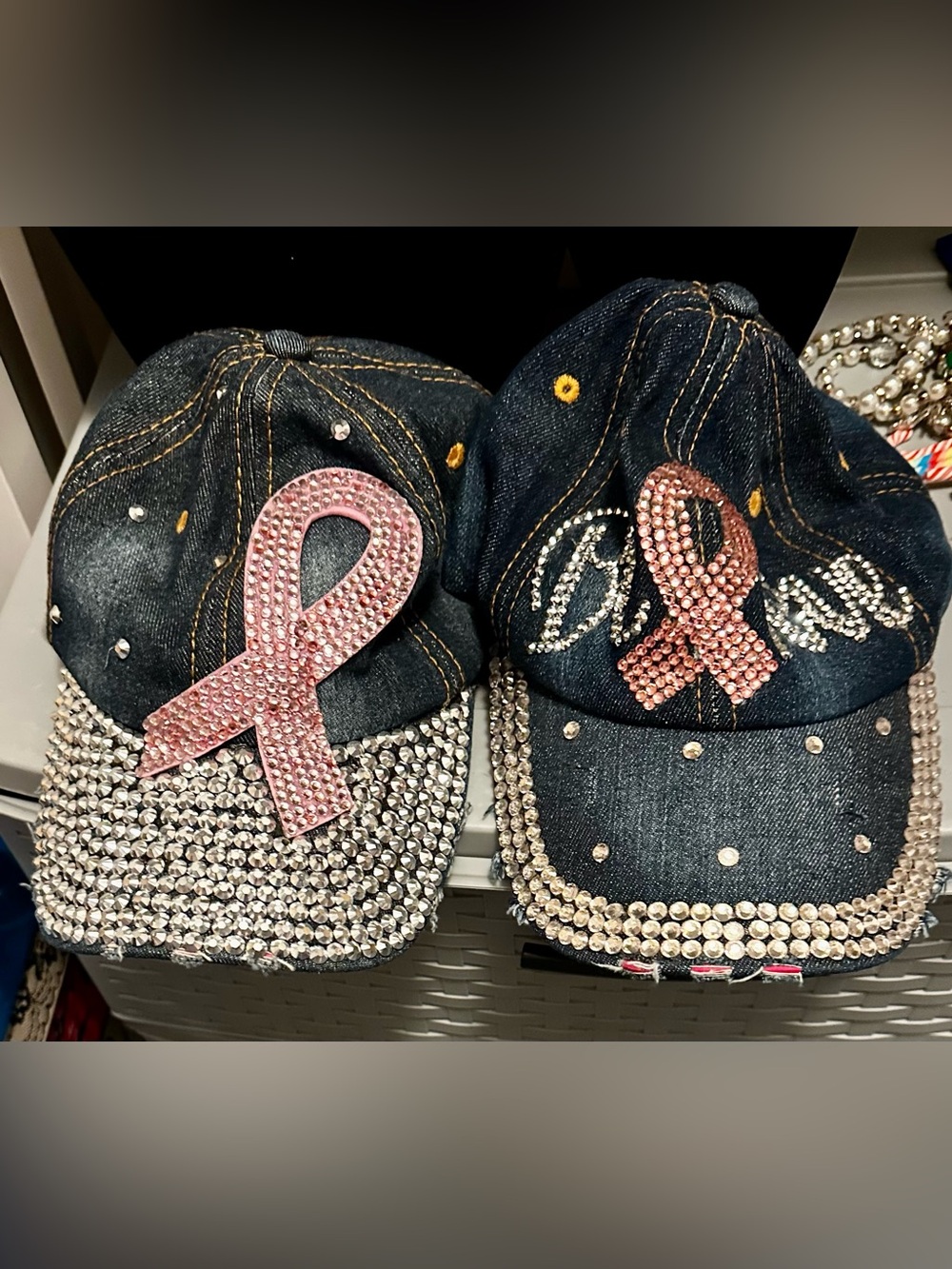 Rhinestone Denim Baseball Caps with Pink Ribbon Accent